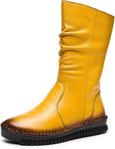 Женские сапоги WENOREG с ручной строчкой, плиссированные, на плоской подошве до середины икры, модные кожаные с боковой молнией, удобные для прогулок на улице, противоскользящие, рабочие, зимние, с теплой плюшевой подкладкой и платформой, Yellow