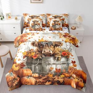 Erosebridal Комплект постельного белья Highland Cow с осенним принтом листьев и тыкв в стиле фермерского дома, Pink and White