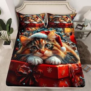 Erosebridal Комплект постельного белья Cat Full с новогодними котятами и красными кардиналами, Red Yellow