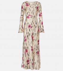 Цветочное атласное макси-платье с открытой спиной Ganni, Egret