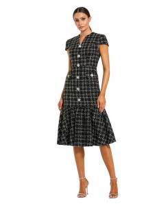 Женское миди-платье А-силуэта из букле с короткими рукавами и пуговицами Mac Duggal, Black silver