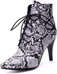 Женские модные ботильоны на высоком каблуке с острым носком, шнуровкой и шпилькой, зимние короткие ботинки JOEUSTY, White/Black