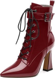 Женские ботильоны на шнуровке с острым носком и высоким каблуком, с боковой молнией, модные однотонные короткие ботинки для женщин RLYGHWAO, Burgundy Patent