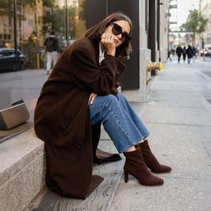 Женские ботильоны Uacllcau с квадратным носком, высоком каблуке, массивном каблуке, средней голенью, боковой молнией, короткие ботинки Gogo, модные осенне-зимние ботинки, Brownsuede