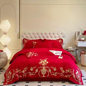UJNHGQ Комплект постельного белья с вышивкой золотые цветы бежевый хлопковый однотонный Red