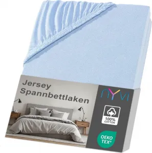 Простыня на резинке Джерси DreamScience 90x200 - 100x200 см, светло-голубая, для матрасов высотой до 22 см - Мягкая и эластичная, эластичная по всему периметру, не требует глажки NYVI