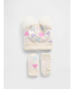 (K) Набор из шапочки и варежки с помпонами в форме сердца (для малышей/младенцев)
