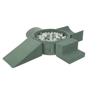 KiddyMoon Детская площадка из пенопласта с шариками лесно-зелёный: бело-серо-мятный бассейн 200/клин Л/рампа Л/полувалик Л/ступенька Игрушечная площадка
