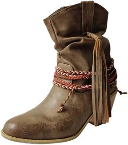 Женские ботильоны с плетением, короткие ботинки до щиколотки, модные с заостренным носком, ковбойские до середины голени, без застежки, ретро-стиль, с массивным каблуком, комфортные высокие ботинки Generic, Grey