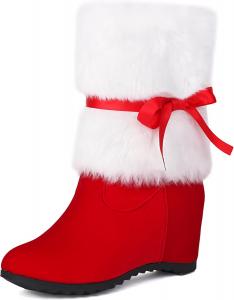 Женские милые ботильоны на танкетке с мехом и бантиком, рождественские ботильоны Aikelylmon, 61 White