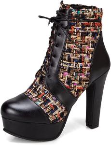 Женские ботильоны VOKLIN на массивной платформе с высоким каблуком, круглым носком, в клетку, с шнуровкой, стильные короткие ботинки, Black-Velvet Lined