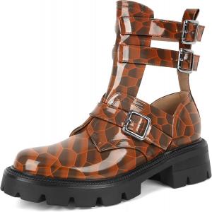 Женские ботильоны SAMMITOP с низким каблуком и рифленой подошвой, модные ботинки с круглым носком и вырезами, боевые ботинки с металлической пряжкой, готические ботильоны на 2 дюйма, Shiny Orange