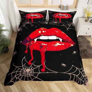 Erosebridal Комплект постельного белья Gothic Red Lips с 3D принтом губ и паутины в готическом стиле для Хэллоуина, Red Pale Pink