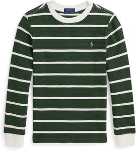 Футболка из хлопка с длинным рукавом в полоску и вафельным узором Polo Ralph Lauren Kids, Bottle Green/Trophy Cream