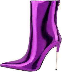 LINMUYOUJIA Женские модные металлические темно-зеленые ботинки с острым носком, высокие ботильоны на шпильке, праздничные туфли с задней молнией, острый носок, фиолетовые, золотые и серебряные каблуки