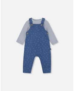 Комплект из хлопкового боди и комбинезона для мальчика, синий с принтом в виде листьев - для малыша Deux par Deux, Blue leaf print