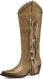 Женские западные сапоги Tsrenlmln, мода, заостренный носок, массивный каблук, заклепки, надевание, высокие до колена, с бахромой, Apricot