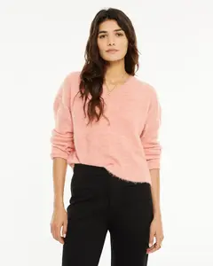 Женский джемпер с V-образным вырезом и текстурой из ворса System Action, светло-розовый