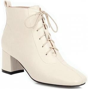 Женские ботильоны VOKLIN с квадратным носком на шнуровке, из кожи, с массивным каблуком средней высоты, вестерн стиль, Beige-Velvet Lined