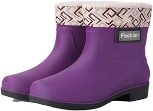 Женские модные резиновые сапоги до середины икры, с теплой подкладкой, водонепроницаемые, противоскользящие, с матовой отделкой, на низком плоском каблуке, без застежки, для кухни Generic, 1022 Short Purple (With Fleece Cover)