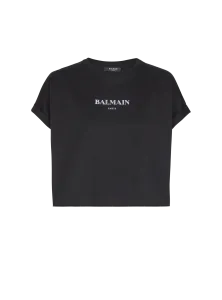 Укороченная футболка с принтом Balmain, белый/черный