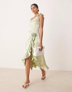 Платье мидакси Amy Lynn из атласа на одно плечо с оборками и 3d розой в яблочно-зеленом цвете