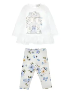 Комплект из топа и брюк с цветочным принтом Monnalisa, белый