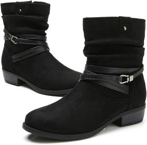 Женские сапоги VJH Confort до середины голени, с круглым носком, низким каблуком, мягкие и удобные с боковой молнией и ремешком с пряжкой, Black