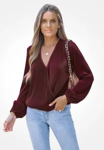 Блузка с v-образным вырезом, драпированными рукавами-«пузырями» и запахом Cupshe, Bordeaux