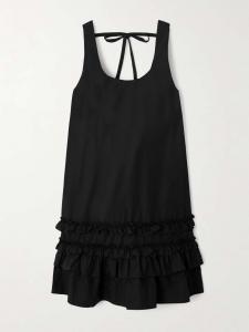 Мини-Платье из органического хлопкового поплина с оборками Ganni, черный