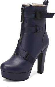 Женские ботильоны на платформе с модными ремешками и пряжками, высокие каблуки, молния, панк, мотоботинки, боевые ботинки JMdfcqer, Blue