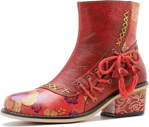 Женские ручные ретро-сапоги на высоком каблуке из овчины, красочная роспись, металлический стиль - модные, удобные, прочные, уникальный стиль меньшинств Riutiru, Red 3