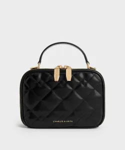 Двойная стеганая косметичка с верхней ручкой Charles & Keith, цвет Black