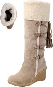 Женские высокие ботинки до колена с пушистым воротником на танкетке, ботинки до бедра с искусственным мехом, теплые ботинки с бахромой сзади и шнуровкой Generic, Apricot