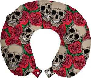 Подушка для шеи ABAKUHAUS "Роза", череп, красные цветы, ретро, дорожная подушка из пеноматериала для самолета и автомобиля, 30 x 30 см, ярко-бежевый, светло-зеленый Abakuhaus