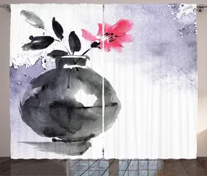 Штора в деревенском стиле ABAKUHAUS с цветочным рисунком, акварельная коралловая ваза с орхидеей, штора для спальни со сборками, петлями и крючками, 280 x 225 см, цвет кораллово-коксовый, пастельно-фиолетовый Abakuhaus