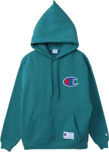 Мужская толстовка Champion C3-C106 с капюшоном, длинный рукав, круглый вырез, свободный крой, большой логотип, спортивный стиль, тускло-зеленый