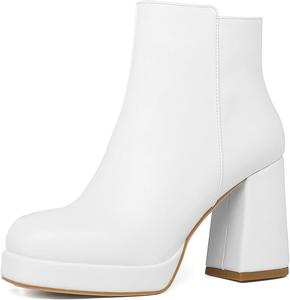 Женские ботильоны SEIFIN с квадратным носком, массивным каблуком, на высокой платформе, с боковой молнией, короткие туфли на высоком каблуке GOGO, White