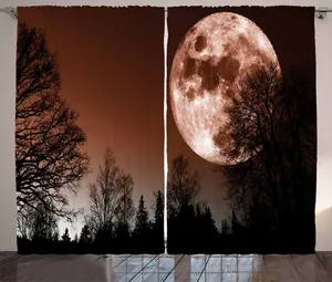 Штора ABAKUHAUS Лунный деревенский, абстрактный, красочный лес, присборенная штора из тесьмы для спальни с петлями и крючками, 280 x 175 см, цвет красное дерево (черный) Abakuhaus