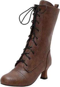 Женские винтажные викторианские сапоги 70-х, шнуровка, ботильоны на среднем каблуке, ведьмовские, стиль бабушки, сапожки до середины голени, ретро с конусообразным каблуком, боковая молния, заостренный носок Generic, Coffee