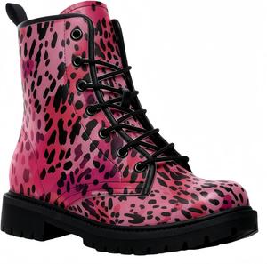 Женские короткие ботинки с принтом, шнуровкой и массивным каблуком, боевые ботильоны для девушек и женщин, обувь на осень и зиму, с узором из роз и черепов в мультяшном стиле Maimeili, Small Leopard Print Rose Red