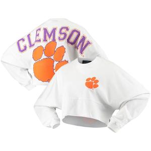 Женская белая укороченная футболка из джерси с длинным рукавом Clemson Tigers с необработанным подолом