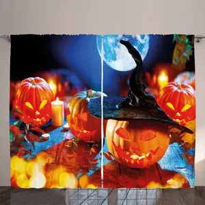 Штора в деревенском стиле ABAKUHAUS на Хэллоуин, страшная тыква и свечи, присборенная штора из тесьмы для спальни с петлями и крючками, 280 x 225 см, цвета: жженый оранжевый и темно-синий Abakuhaus