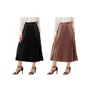 2 упаковки женских блестящих плиссированных миди-юбок металлик с эластичной резинкой на талии ALLEGRA K, цвет Black And Copper