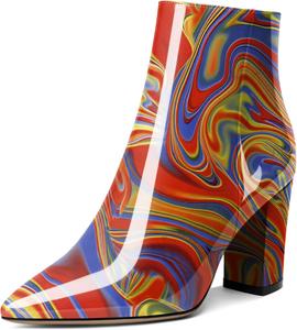 Женские ботильоны AUMOTED с высокой шнуровкой, массивным каблуком, заостренным носком, мехом, короткой моделью на молнии, классические ботинки на каблуке 3,4 дюйма, Patent Heatmap