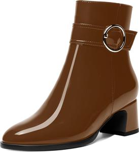 Женские ботинки MOVINSTEPS с молнией, круглый носок, холодная погода, лакированные, уличные, с ремешком на щиколотке, однотонные, массивный низкий каблук, высокие на щиколотке, 5 см, Brown