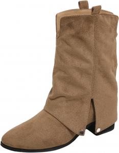 Женские замшевые ковбойские ботинки с отворотом, средняя голень, заостренный носок, массивный каблук, свободные ботильоны для стильного осеннего повседневного и праздничного образа BANGTEUO, Khaki