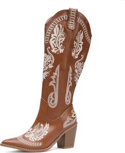 Женские вестерн-ботинки NEWBELLA с вышивкой и бахромой, заостренный носок, ковбойские сапоги с широким каблуком до середины голени и боковой молнией, Brown