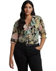 Блуза Lauren Ralph Lauren Plus Size Floral Georgette Ruffle-trim Blouse, цвет Black/Pink/Green