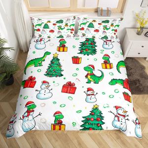 Erosebridal Комплект постельного белья с новогодним принтом динозавров и снеговиков для детей, Green White Red